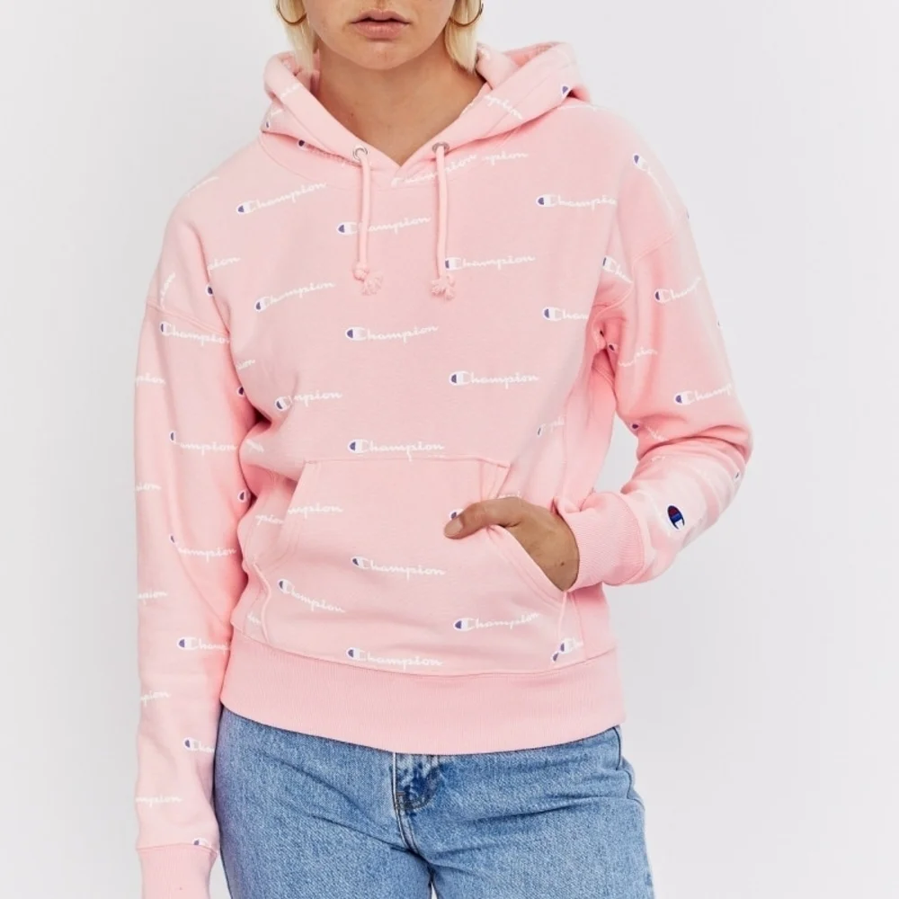 S • Champion • Reverse Weave Pink Relaxed Fit Allover Logo Hoodie Sweatshirt - Picture 4 of 4